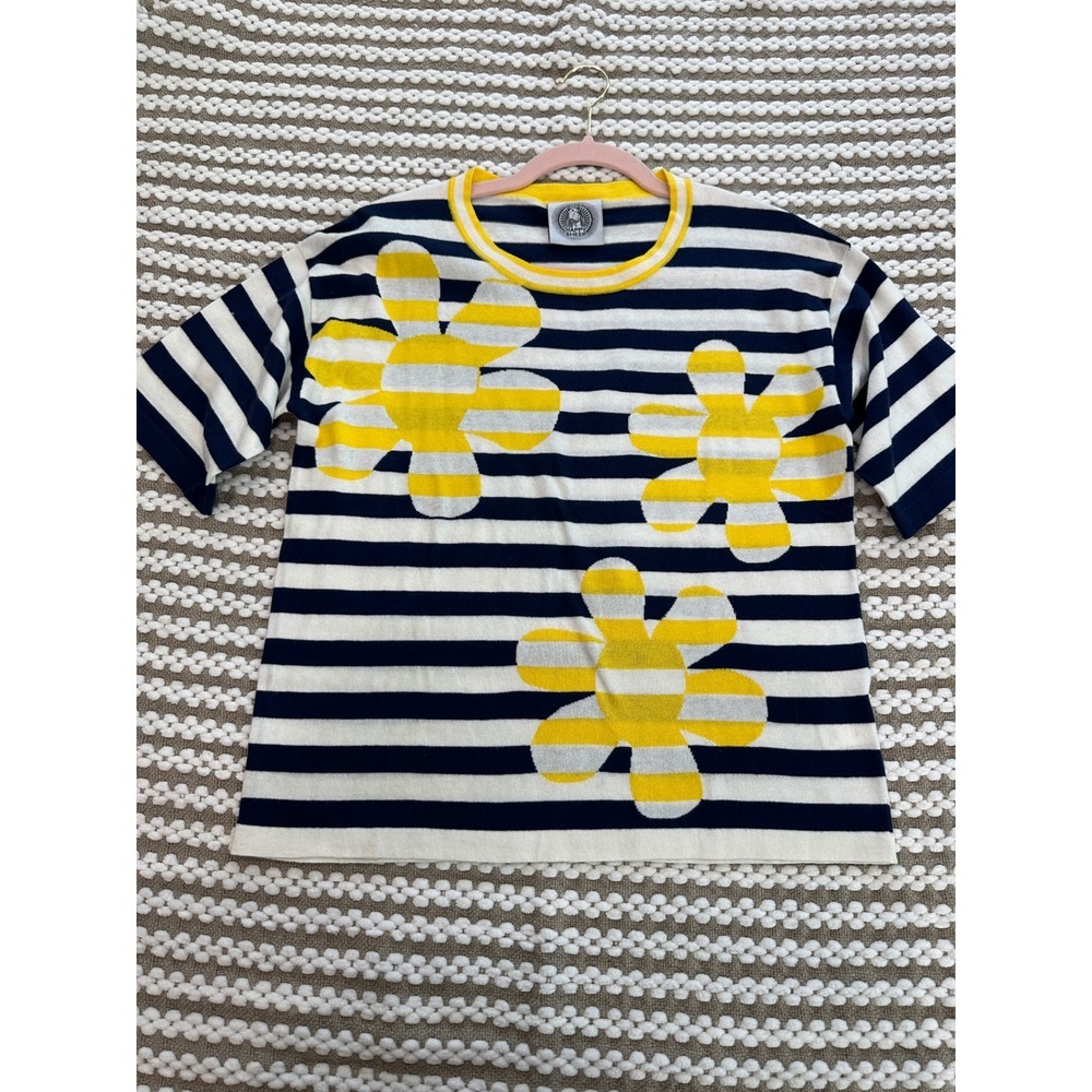 Happy Sheep Womens Striped Floral Cotton Knit Top Navy White Yellow Small
